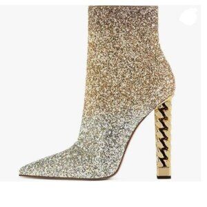FSJ Gold-glitter Trendy Pointed Toe Ankle Boot Block Chunky Bootie Shoes